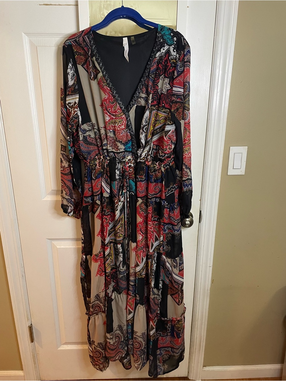 Multicolor Paisley Maxi Dress XL Boho Tiered Sheer Sleeves